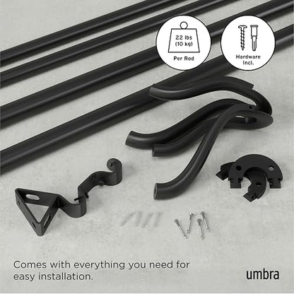 Umbra Midnight Cortinero Doble Ajustable para Cortinas Blackout y Oscurecer Habitación, 107-305 cm, Incluye Accesorios de Instalación, Negro