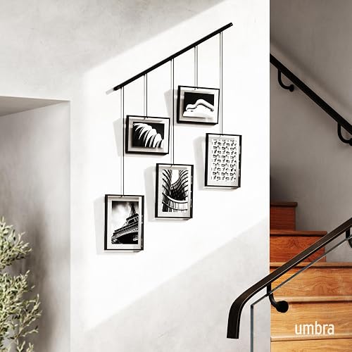 Umbra Exhibit Set de 5 Portarretratos Colgantes y Ajustables para Pared (2 de 10x15 y 3 de 13x18 cm), Negro
