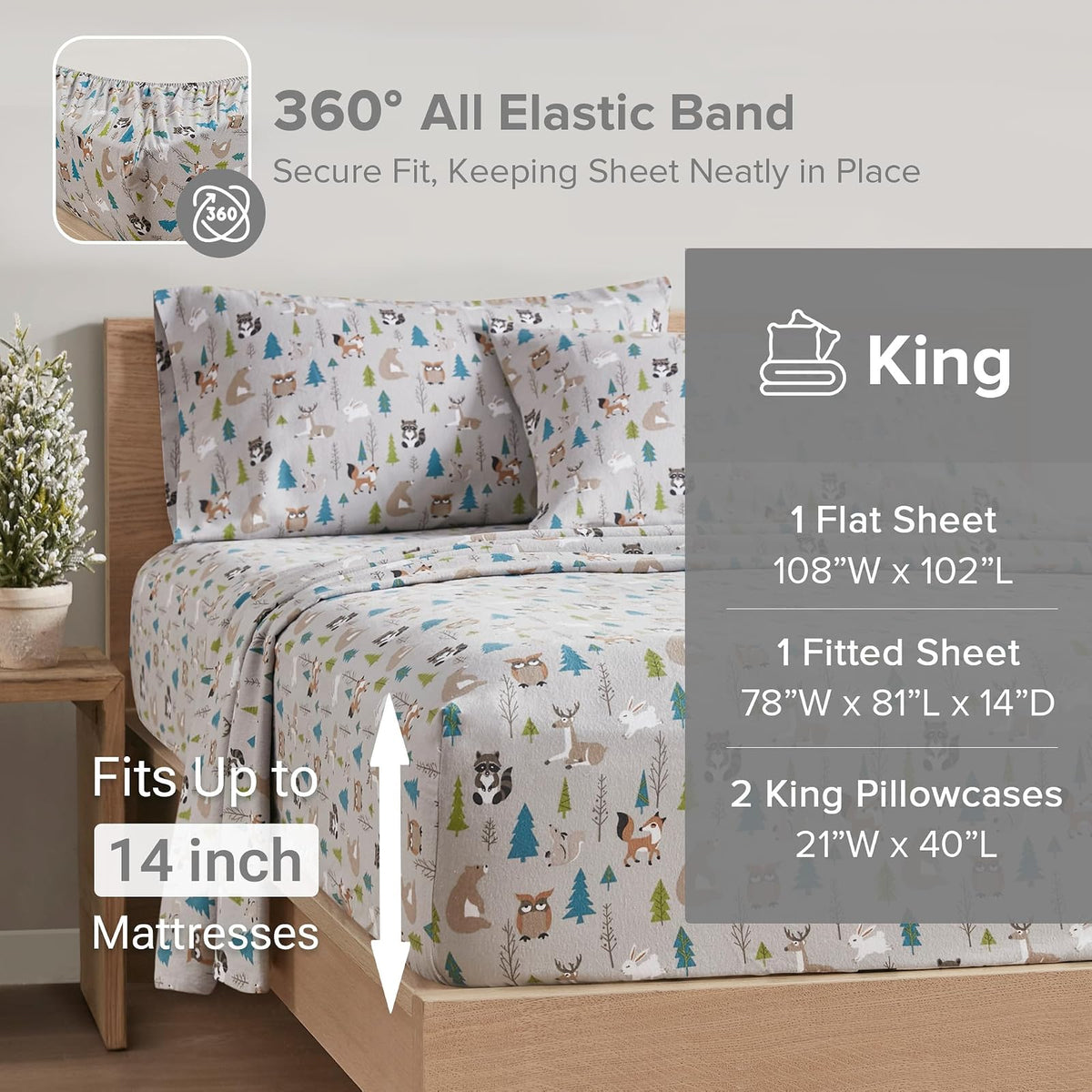 Comfort Spaces - Sábanas de Franela de algodón Transpirable y cálidas, con Bolsillo Profundo con Funda de Almohada, tamaño King, Varios Animales forestales, 4 Piezas
