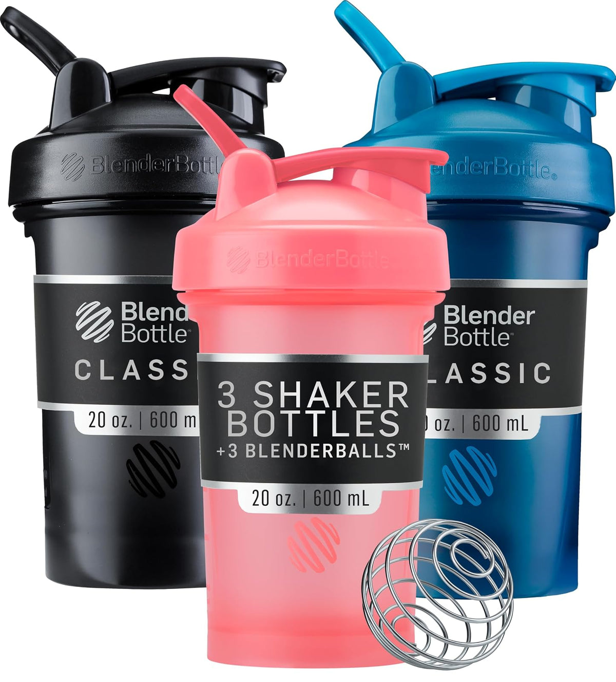 BlenderBottle Classic V2 Botella Mezcladora con BlenderBall, Varios Tamaños y Colores - 20 oz (Pack of 3) - Black and Navy and Pink