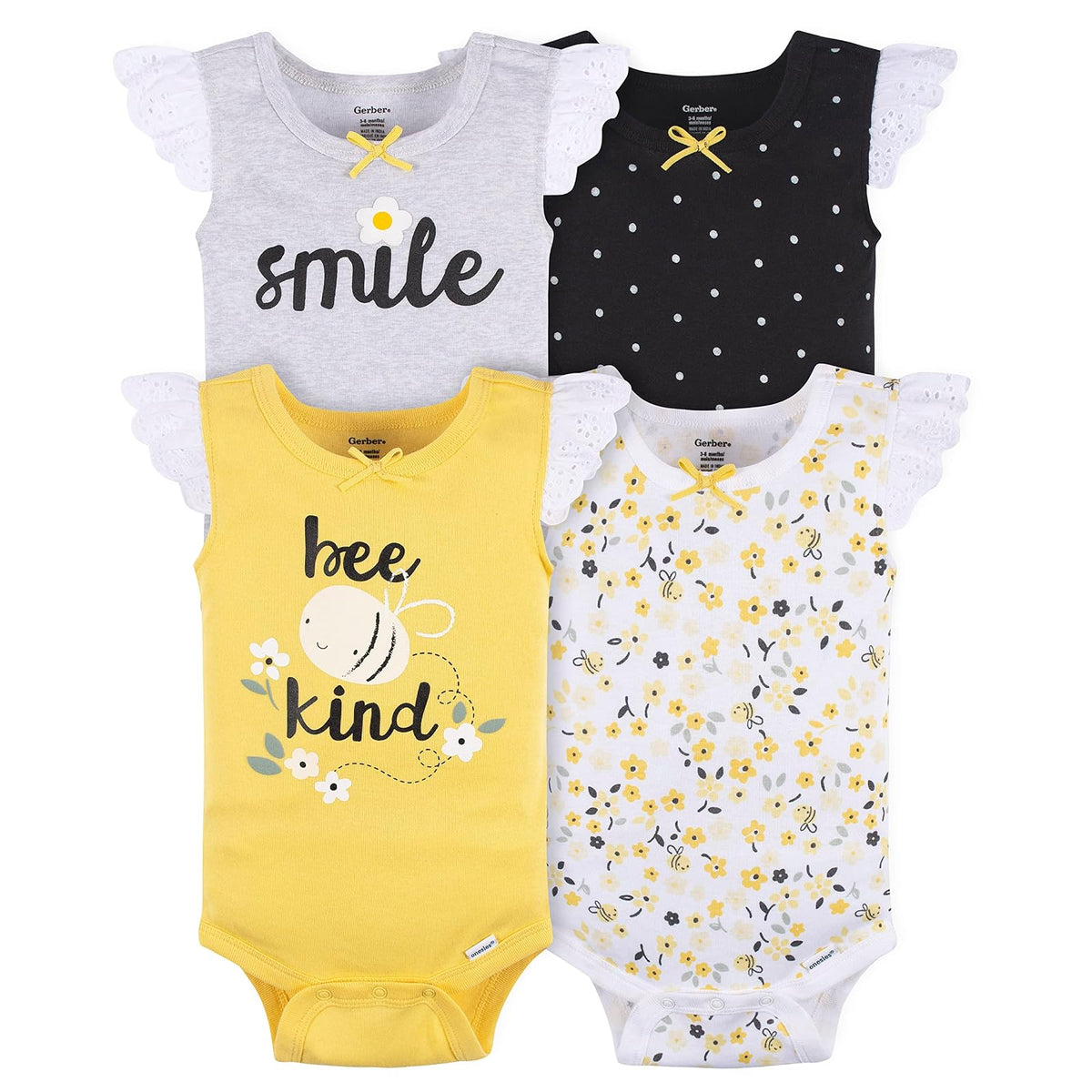 Gerber Set 4 Pañaleros sin Manga para Bebé Niña, Color Abeja Amarillo/Gris, Talla 3-6M