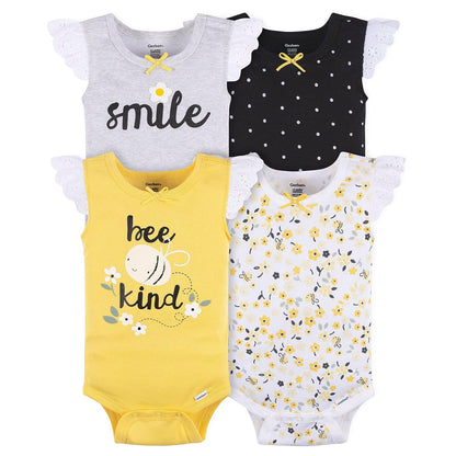 Gerber Set 4 Pañaleros sin Manga para Bebé Niña, Color Abeja Amarillo/Gris, Talla 3-6M