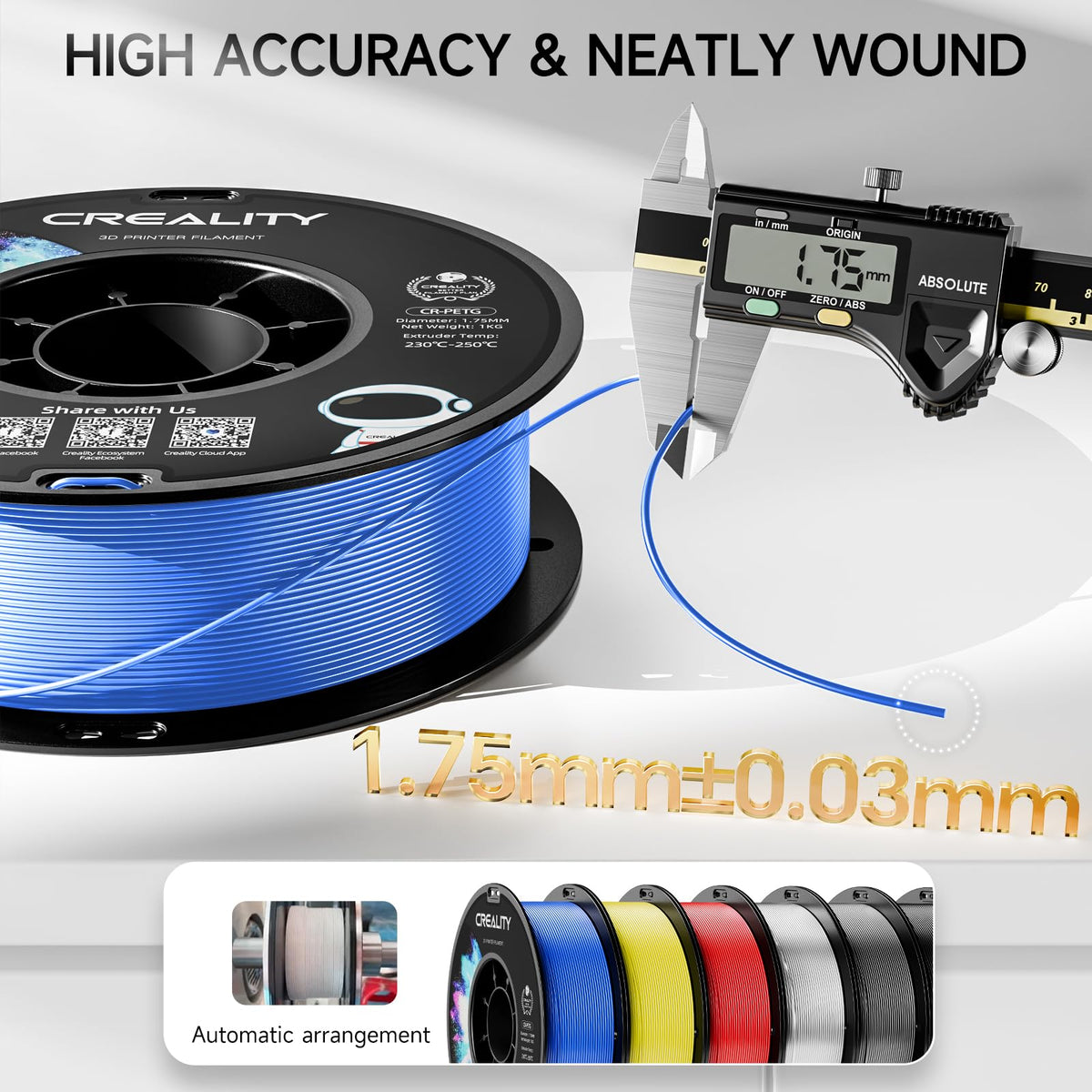 Filamento oficial para impresora 3D de Creality PETG de 1,75 mm, 1 kg, alta precisión, fuerte dureza, inodoro, mejor flujo, impresión 3D a prueba de humedad, filamento CR PETG, azul digital