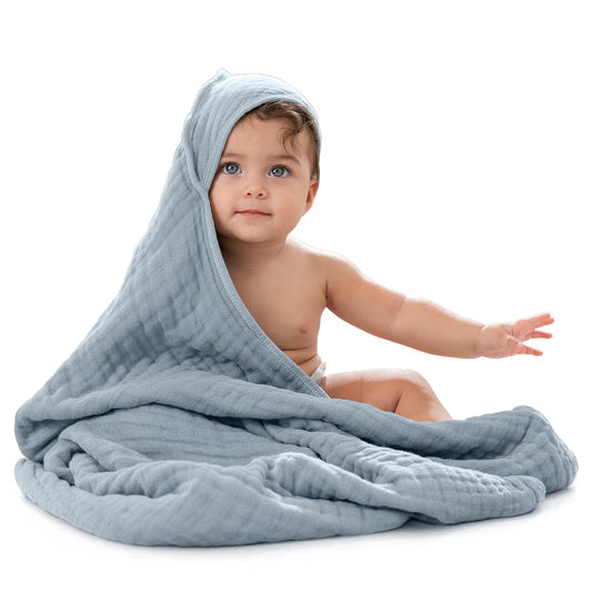 Comfy Cubs Toalla con Capucha para Bebé, Grande, 81 × 81 cm, Paquete de 1 | Azul Pacífico - 6 Capas Algodón Muselina 100% – Suave y Absorbente para Bebés, Niños y Niñas para la Hora del Baño