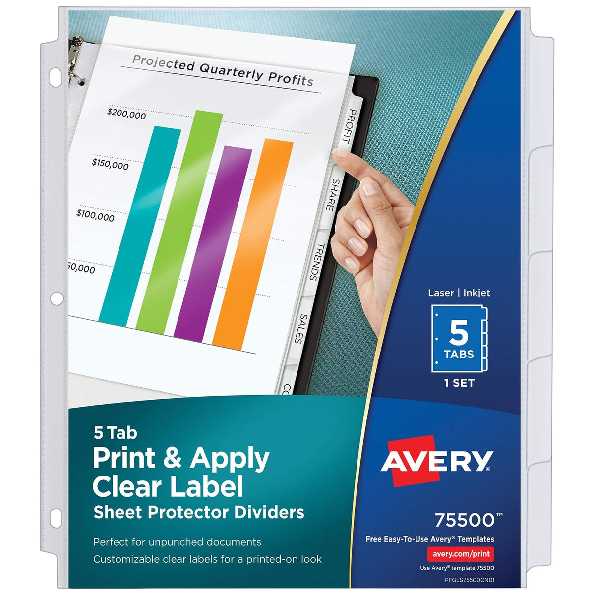 Avery 75500 - Separadores de hojas de 5 pestañas, etiquetas transparentes fáciles de imprimir y aplicar, fabricante de índices, pestañas blancas, 1 juego - 1-set - Separadores