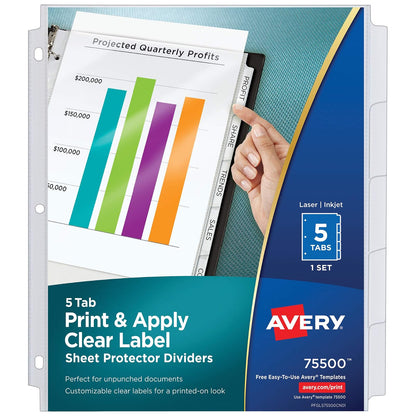Avery 75500 - Separadores de hojas de 5 pestañas, etiquetas transparentes fáciles de imprimir y aplicar, fabricante de índices, pestañas blancas, 1 juego - 1-set - Separadores