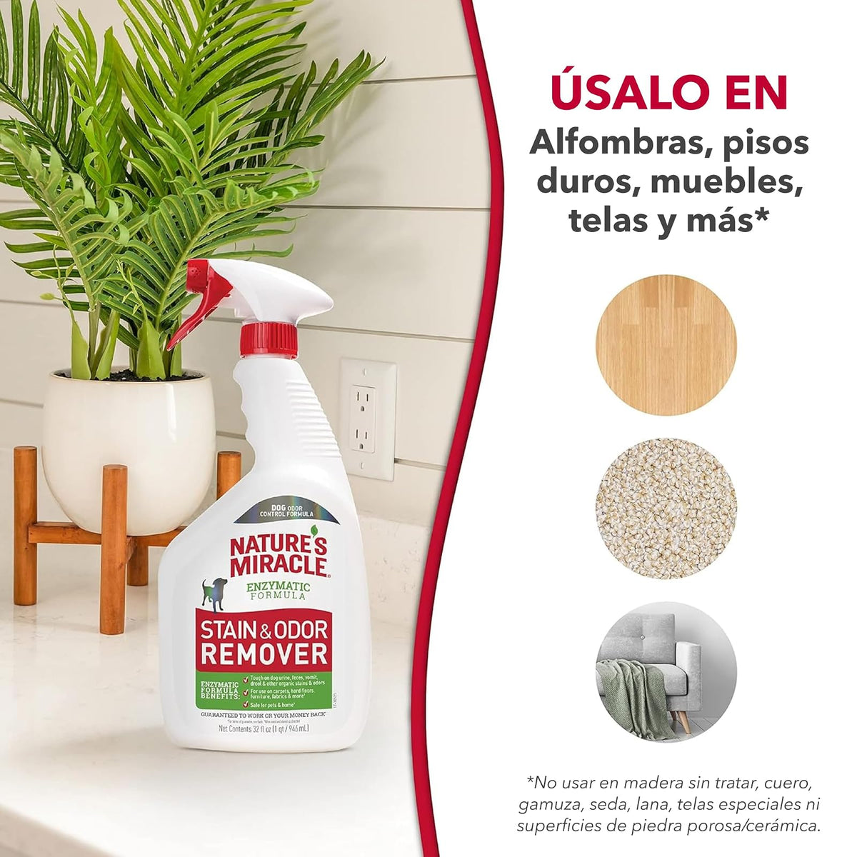 Nature's Miracle - Removedor de manchas y olores para perros, spray enzimático - 946ml - Para orina y otros desechos en alfombras, pisos, muebles y más