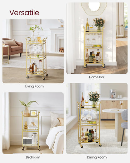 VASAGLE Carrito de 3 Niveles, Minicarrito de Bar, Ruedas, Pasamanos | Espacios Pequeños, Cocina, Comedor, Baño, Salón, Dorado Claro, Gris, Colección BARIS MLRC091A62