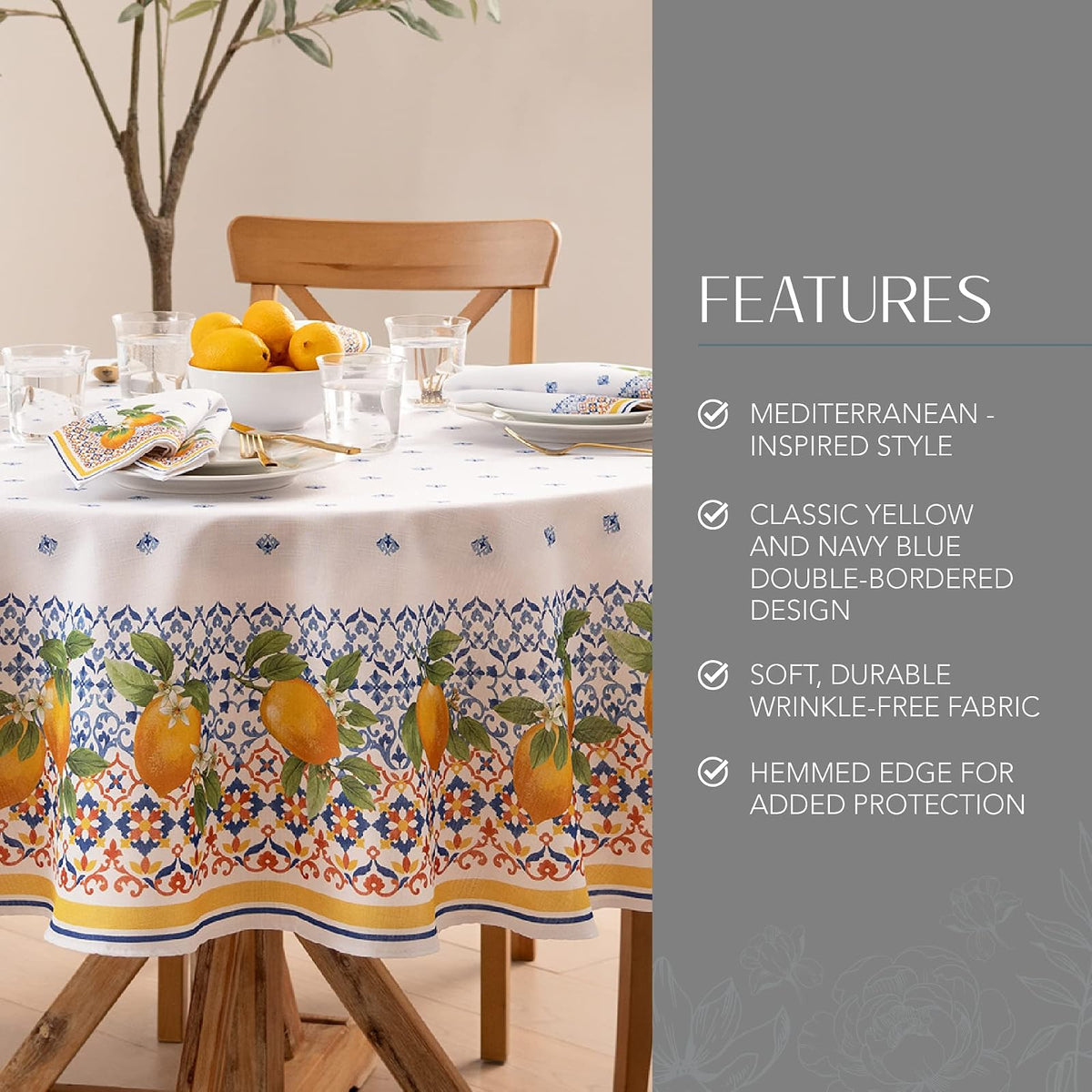 Elrene Home Fashions - Mantel de Tela Capri de limón de Doble Borde mediterráneo de Primavera/Verano, Redondo, 70 x 70 Pulgadas