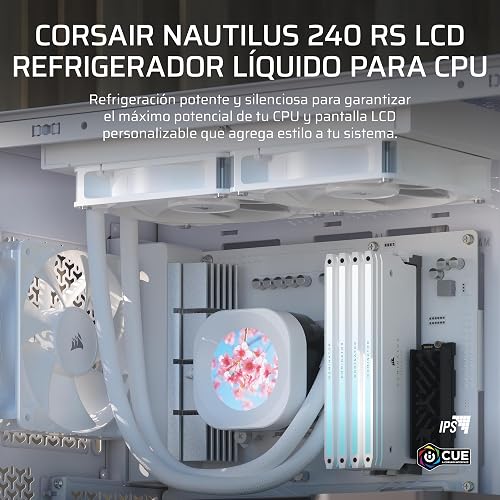 CORSAIR NAUTILUS 240 RS LCD Refrigeración líquida de CPU – Pantalla LCD IPS de 2,1", 240mm AIO, Bajo Ruido, Daisy-Chain, Intel LGA 1851/1700, AMD AM5/AM4 – Incluye 2 Ventiladores RS120 – Blanco