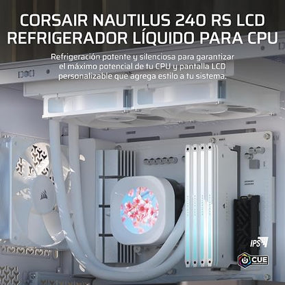 CORSAIR NAUTILUS 240 RS LCD Refrigeración líquida de CPU – Pantalla LCD IPS de 2,1", 240mm AIO, Bajo Ruido, Daisy-Chain, Intel LGA 1851/1700, AMD AM5/AM4 – Incluye 2 Ventiladores RS120 – Blanco