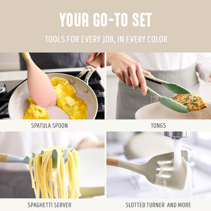 GreenLife - Juego de 11 utensilios de silicona para cocina, herramientas antiadherentes, seguro hasta 444 °F, cucharón, volteador, ranurado, espátula, cuchara, servidor de espaguetis, cepillo para