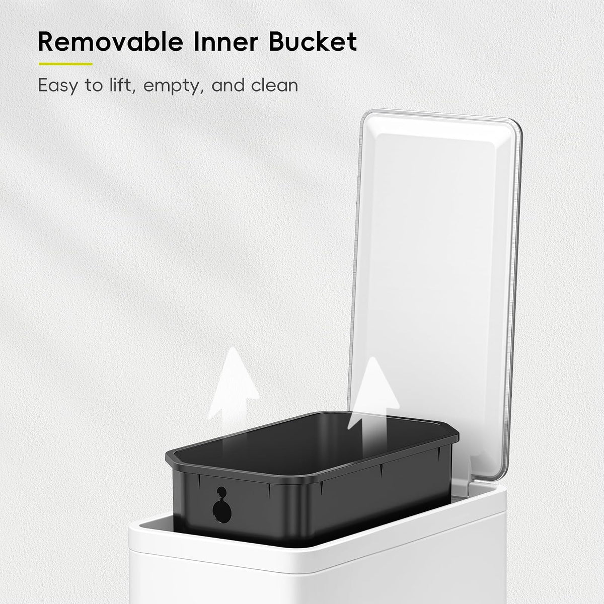 EKO - Cubeta de basura pequeña y delgada para baño con tapa, de acero inoxidable, con cubeta interior extraíble, 6 L / 1.6 Gal, escalonado (blanco)