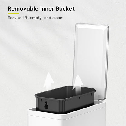 EKO - Cubeta de basura pequeña y delgada para baño con tapa, de acero inoxidable, con cubeta interior extraíble, 6 L / 1.6 Gal, escalonado (blanco)