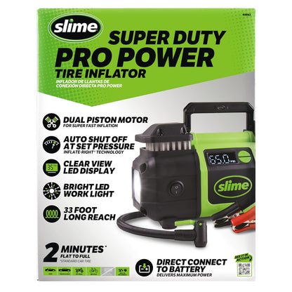 Slime 40083 Inflador de neumáticos, Super Duty Pro Power, conexión de batería, pistón Doble, con medidor Digital de 0 a 99 PSI, Manguera Larga y luz LED, Clips de cocodrilo, inflado de 2 Minutos