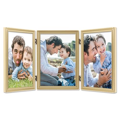 Lawrence Frames 11457T Antique Brass Hinged Triple Picture Frame, Bead Border Design, Golden frame, 5x7 inch