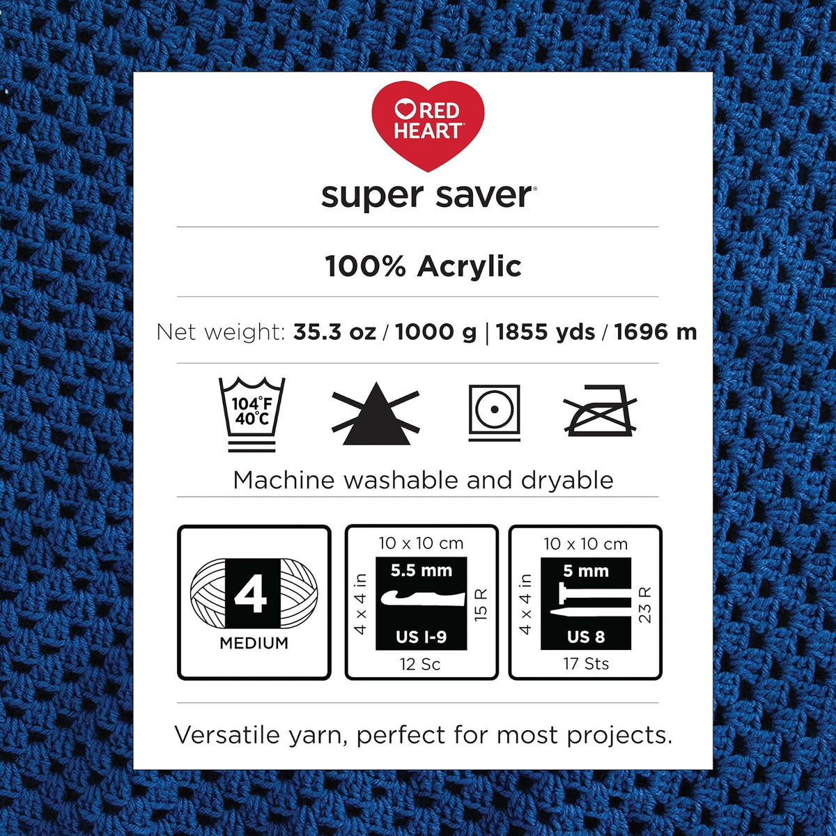 Red Heart Super Saver - Hilo blanco de 1000 g, 1 paquete de 35.2 oz/998 g, 100% acrílico, #4 Worsted (mediano) - 1860 yardas para tejer, ganchillo, manualidades y amigurumi