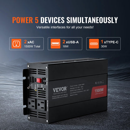 VEVOR Inversor de Onda sinusoidal modificada, 1500 W, CC 12 V a CA 120 V Inversor de Potencia con 2 Salidas de CA, 2 Puertos USB, 1 Puerto Tipo C 6 fusibles de Repuesto, para pequeños Dispositivos