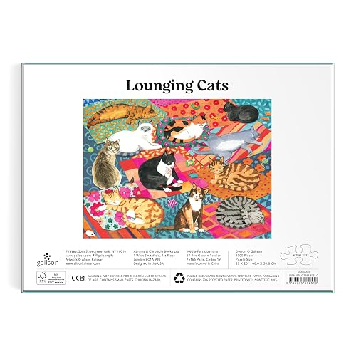 Galison Lounging Cats - Rompecabezas de 1000 Piezas con Hermosas Obras de Arte de una Variedad de Amigos felinos descansando en Coloridos edredones