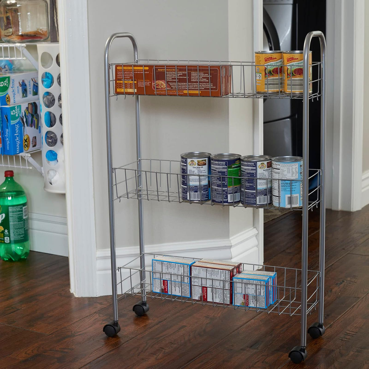 Household Essentials Slim Line 3-Tier Metal Cesta de la Compra, Color Plateado Satinado