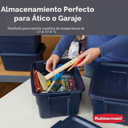 Rubbermaid Roughneck - Bolsa de 3 galones, paquete de 6, fabricado en Estados Unidos, metal índigo oscuro, contenedores de almacenamiento apilables de plástico resistente con tapas y asas