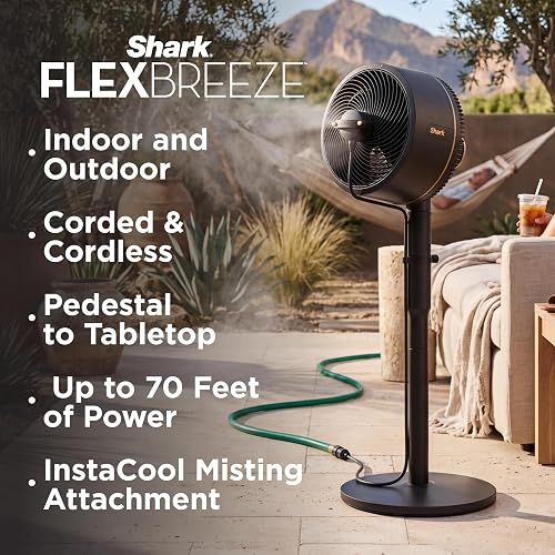 SHARK, Ventilador FlexBreeze, Portátil, Inalámbrico y con Cable, Batería de Hasta 24 h, Transformable, Silencioso, Interior y Exterior, Control Remoto, Accesorio de Nebulización, Color Gris, FA222