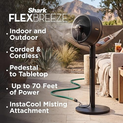 SHARK, Ventilador FlexBreeze, Portátil, Inalámbrico y con Cable, Batería de Hasta 24 h, Transformable, Silencioso, Interior y Exterior, Control Remoto, Accesorio de Nebulización, Color Gris, FA222