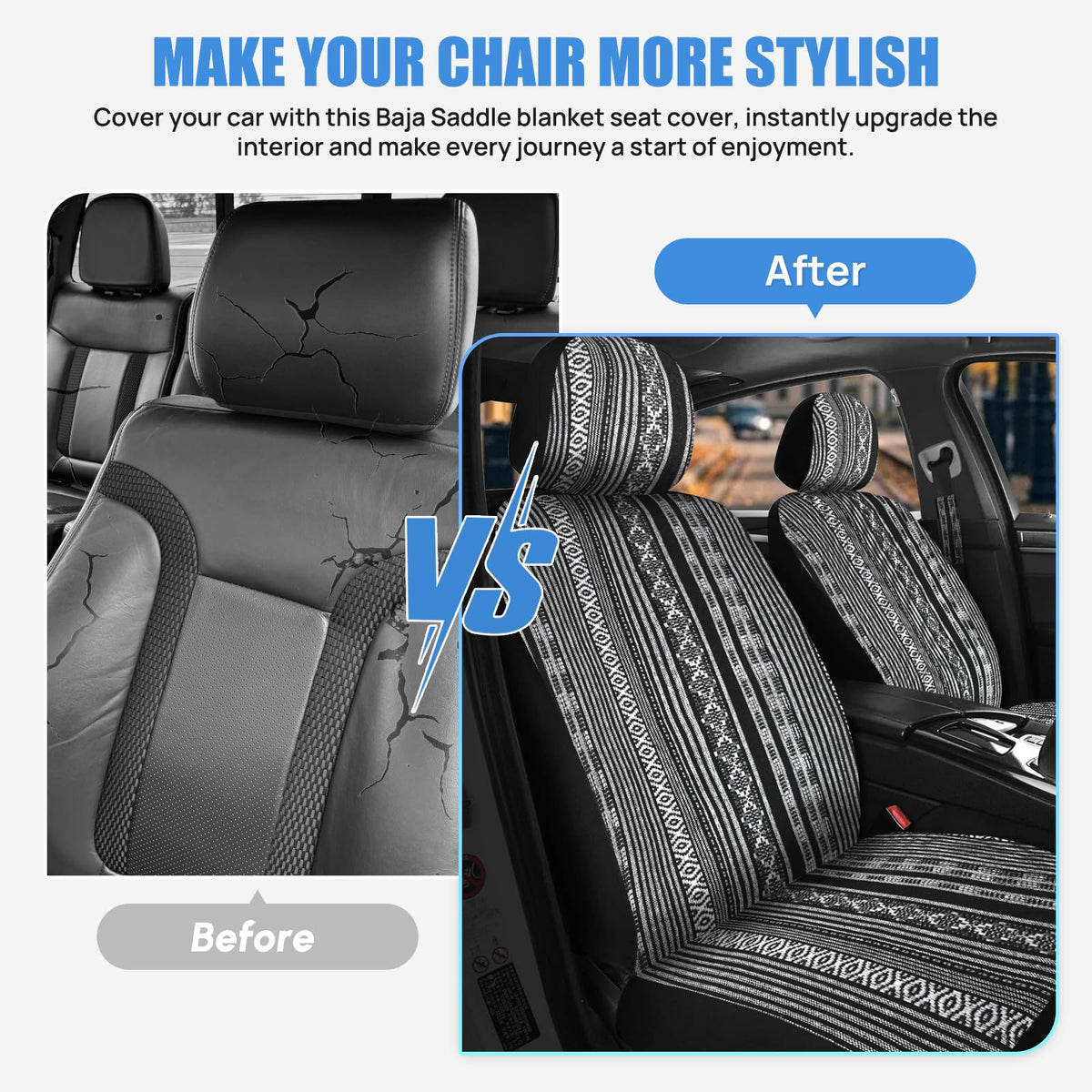 Nilight Car Seat Covers 2PCS Black Stripes Baja Saddle Blanket with Shoulder Pads Washable Striped Woven Airbag Compatible Universal for Cars SUV Truck Front Seat
