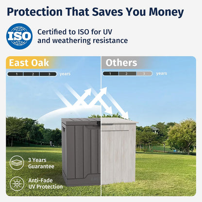 EAST OAK - Caja de almacenamiento para exteriores | Caja de 31 galones para uso en interiores y exteriores, contenedor de almacenamiento de resina impermeable con pestillo para cojines de patio,