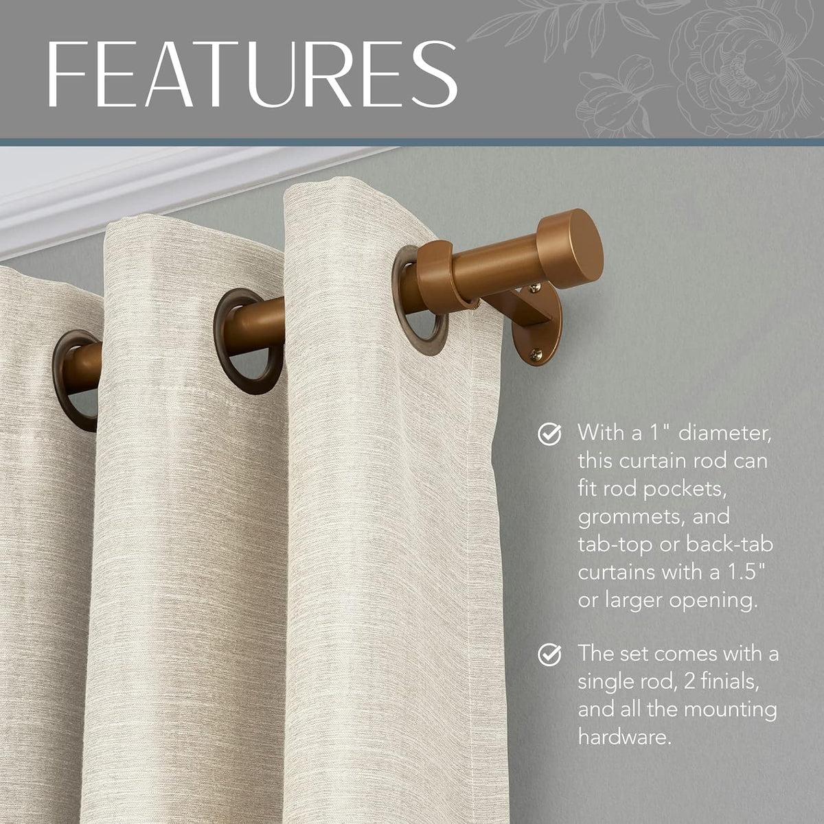 Elrene Home Fashions Serena - Barra de Cortina para Ventana de 1 Pulgada con Acabado contemporáneo, Contemporáneo, Dorado Suave, 28" to 48" Adjustable Rod, 1