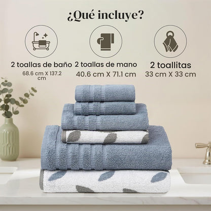 Modern Threads Organic Vines - Juego de 6 Toallas de algodón 100% – Hilo teñido Jacquard y sólido – Incluye 2 Toallas de baño, 2 Toallas de Mano, 2 paños – Absorbente, de Secado rápido, Suave y