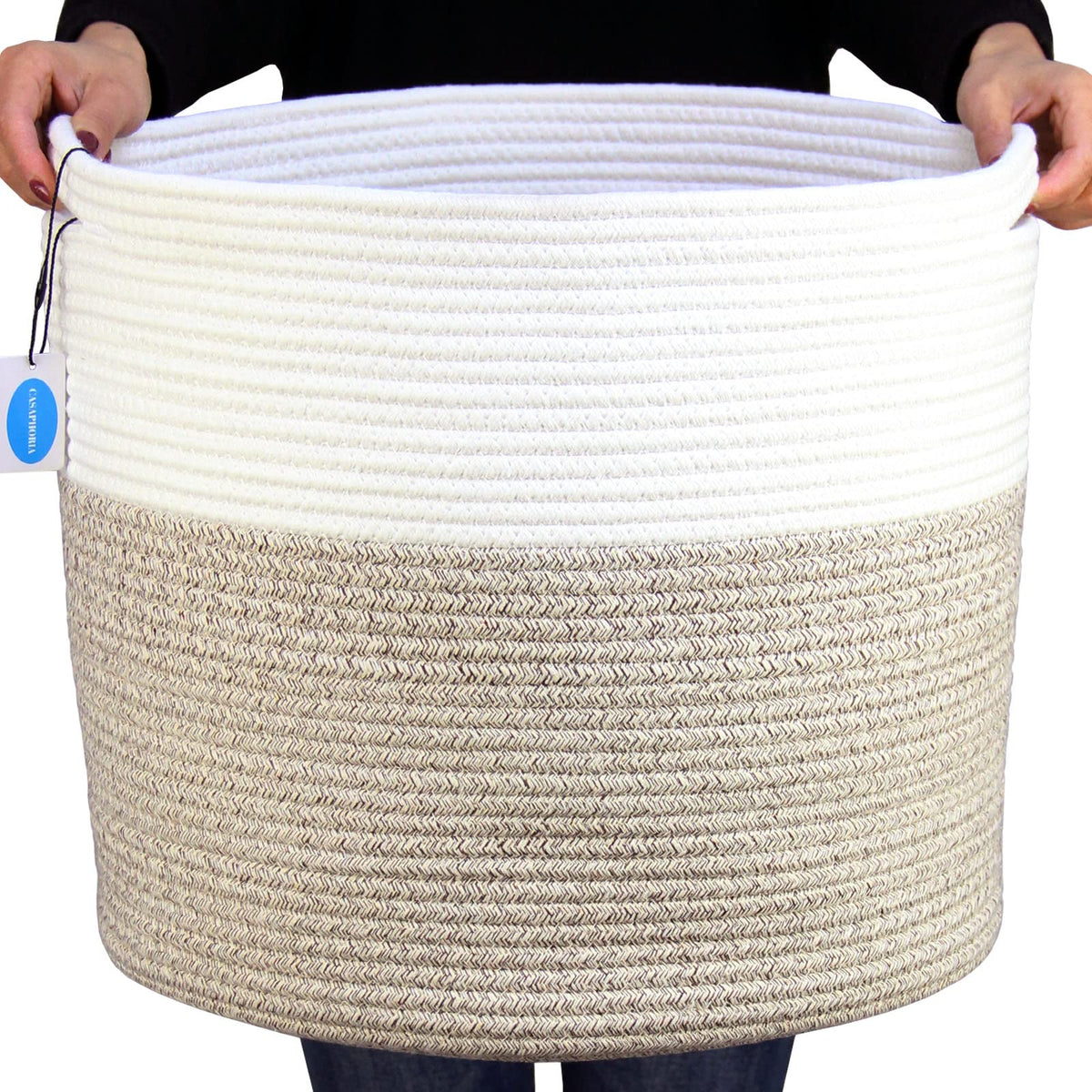 Casaphoria - Canastas grandes de almacenamiento de cuerda de algodón con asas para organizar, cestas redondas tejidas para almohadas, cuerda de algodón tejida alta para lavandería, recámara, baño,