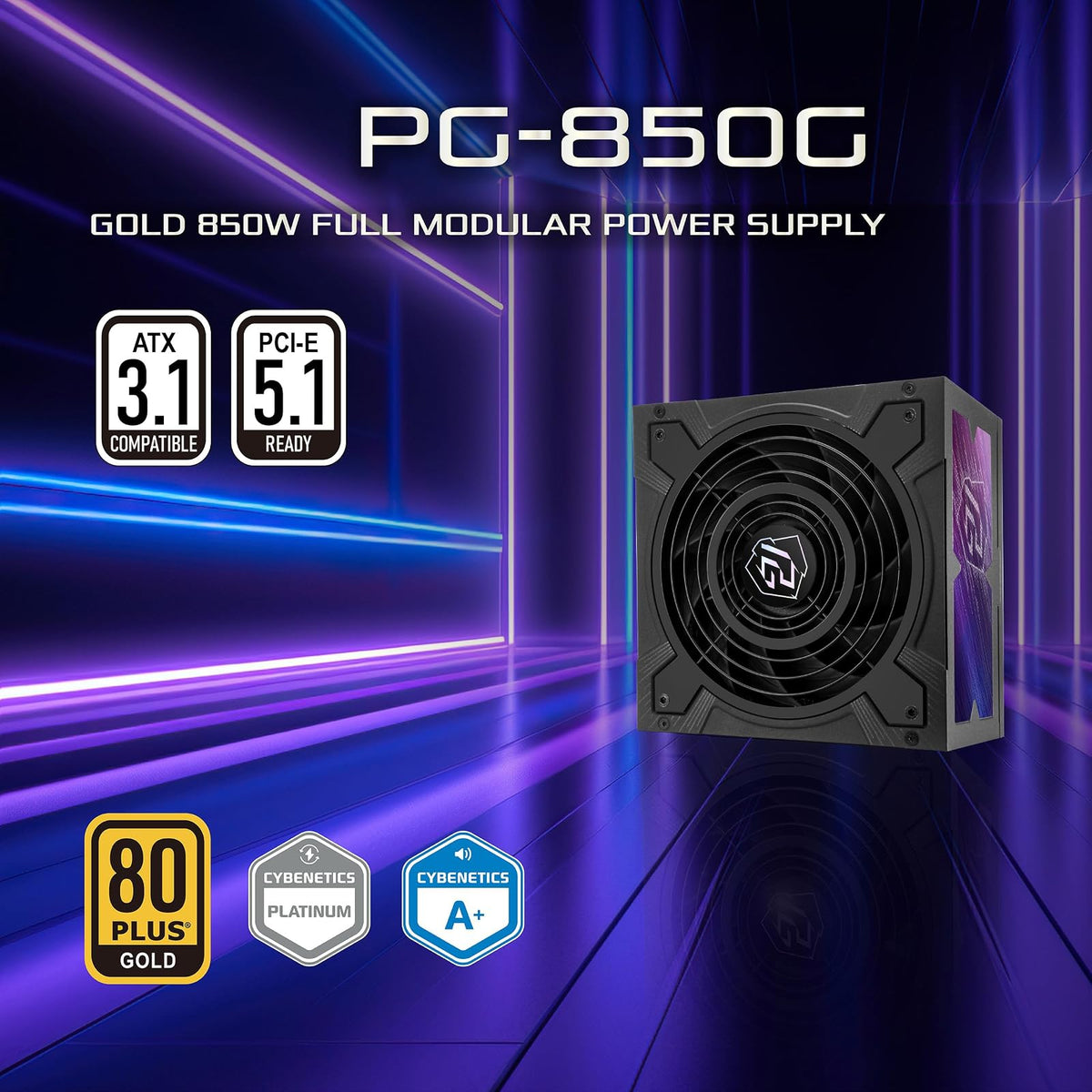 ASRock PG-850G Phantom Gaming 850W Fuente de alimentación Individual patrón Trenzado 10 años de garantía Condensador japonés Totalmente Modular 80 Plus Gold Cybenetics Platinum ATX3.1 PCIe5.1 12V-2x6