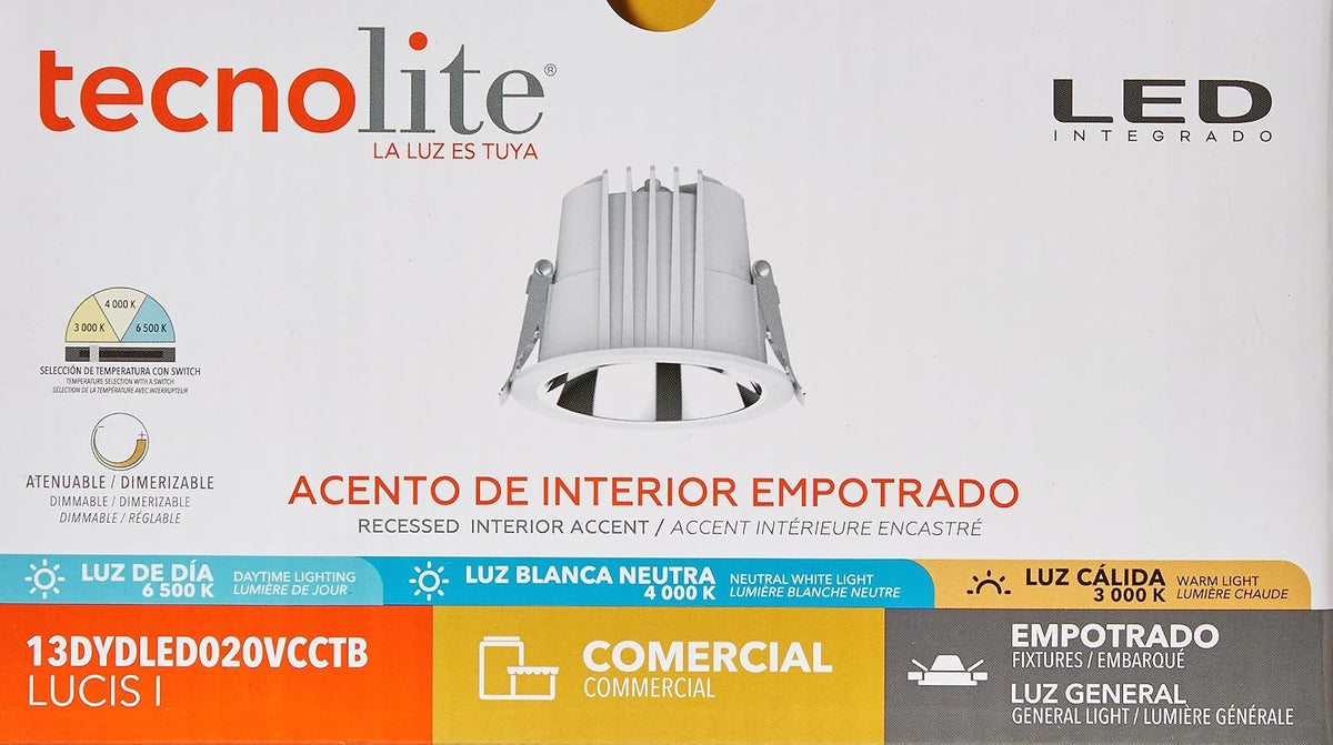 Tecnolite Lámpara Downlight LED Empotrable 13 W, Luz Blanca Configurable, Atenuable, IP54, LED integrado