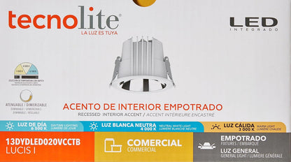 Tecnolite Lámpara Downlight LED Empotrable 13 W, Luz Blanca Configurable, Atenuable, IP54, LED integrado