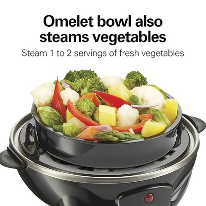 Hamilton Beach - Olla de huevos eléctrica 3 en 1 para huevos duros, huevos furtivos, tortillas y vaporizador de verduras, capacidad para 7, color negro (25507)
