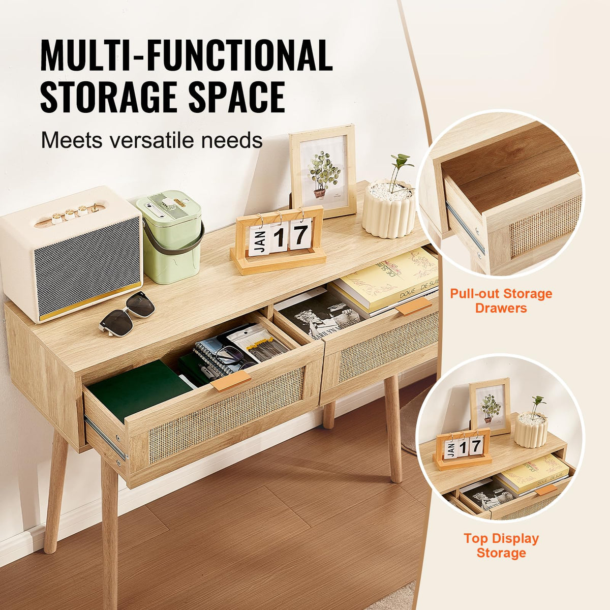 VEVOR Mesa Consola de ratán con 2 cajones de Almacenamiento, Mesa de Entrada de ratán con Puerta corrediza de ratán Natural, Mesa Consola de sofá para Sala de Estar, Entrada o Pared de TV, Natural