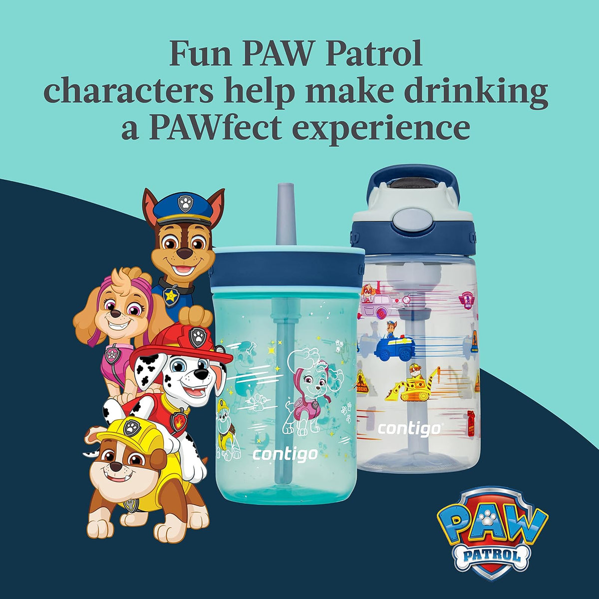 Contigo Paw Patrol - Botellas de agua de plástico para niños de 14 onzas, diseño Aubrey con tapa a prueba de derrames, popote de silicona, paquete de 2 convenientes para viajes/hogares/escuelas, apto