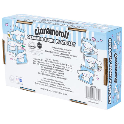 Silver Buffalo Sanrio Hello Kitty and Friends Cinnamoroll Polaroids - Juego de sushi de cerámica con rayas azules y blancas con plato de salsa y palillos a juego