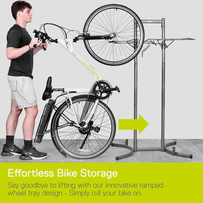 Delta Cycle - Estante vertical para 2 de alta resistencia, soporte vertical no empotrado para de hasta 150 libras, soporte ajustable sin herramientas para eléctricas,