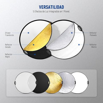 NEEWER 43"/110cm Reflector de Luz con Abrazadera y Empuñaduras, Reflector de Fotografía Plegable 5 en 1 Translúcido/Plata/Oro/Blanco/Negro con Rosca 3/8" para Iluminación Exterior, RF-110II