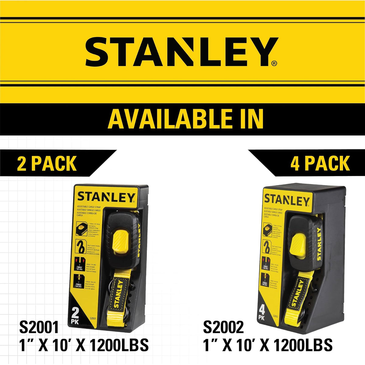 STANLEY S2001 - Correas de Amarre con Hebilla de Leva de 1 Pulgada x 10 pies, Color Negro y Amarillo - Carga de Trabajo Segura de 400 Libras, Resistencia a la Rotura de 1 Libra, Paquete de 2