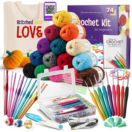Juego de 73 piezas de ganchillo con ganchos de ganchillo, paquete premium que incluye bolas de hilo, agujas, kit de accesorios, bolsa de lona y mucho más, paquete de iniciación para niños y adultos, principiantes, profesionales.