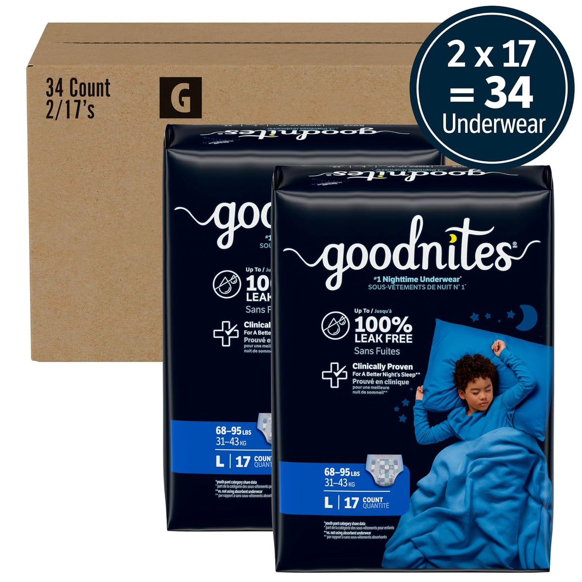 Goodnites Ropa interior nocturna para niños L (70 a 100 libras), blanco, grande, 34 unidades