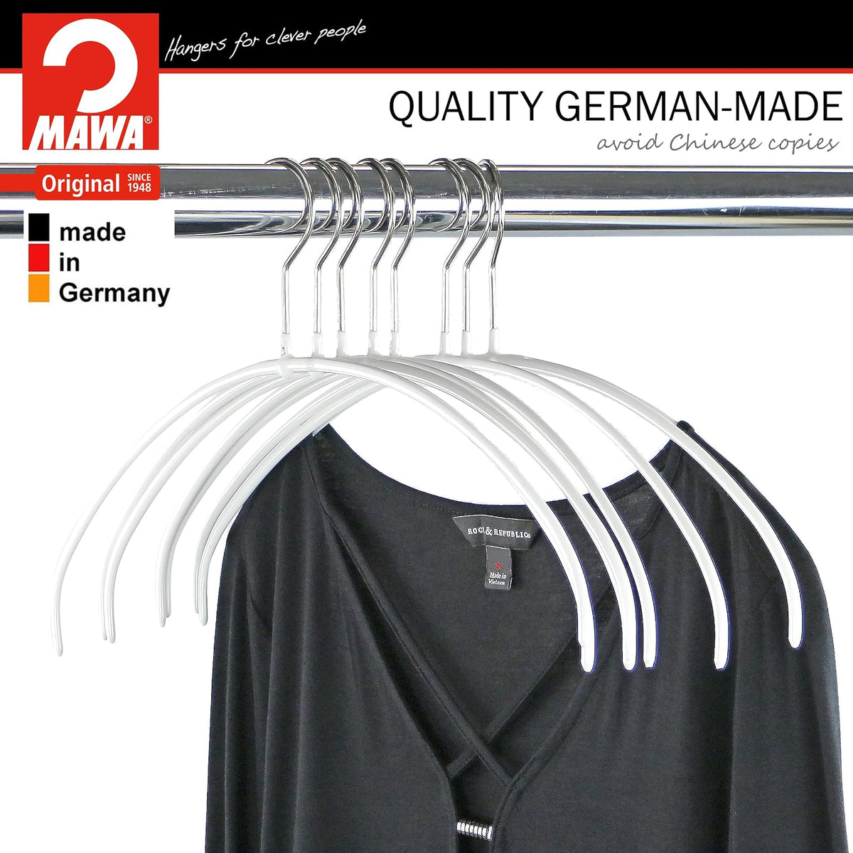 MAWA por Reston Lloyd Euro Series Ultra luz/Thin Antideslizante Space-Saving Clothes colgadero con Bar y Ganchos para Pantalones y Faldas, (Top Hanger), Blanco, 1