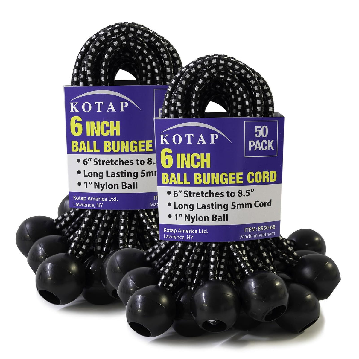 Kotap BB-6B - Cuerda elástica de Bola, Resistente y versátil, Negro, Paquete de 50