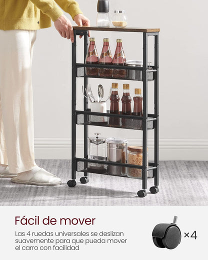 VASAGLE Carrito Organizador Slim de 4 Niveles con Ruedas y Asa, Estante Estrecho para Cocina, Baño y Oficina, 45.4x13x77 cm MLRC032B01