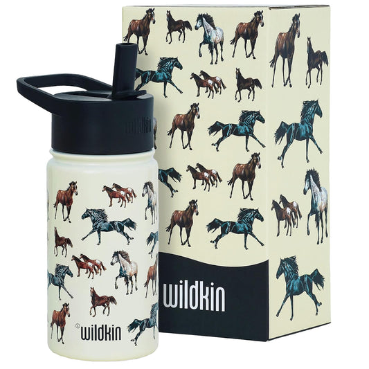 Wildkin Kids - Botella de agua de acero inoxidable de 14 onzas, sin BPA, a prueba de fugas, aislada, fácil de limpiar, diseño de caballos