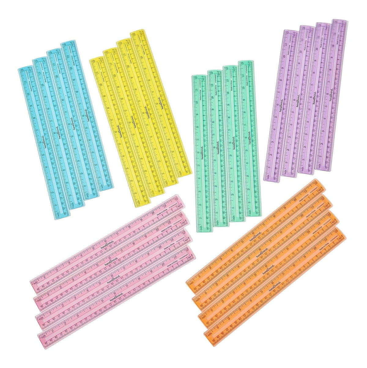 hand2mind Reglas de plástico Safe-T multicolor, transparente, semiflexible de 30, reglas de plástico arcoíris, regla de seguridad para medir (paquete de 24)