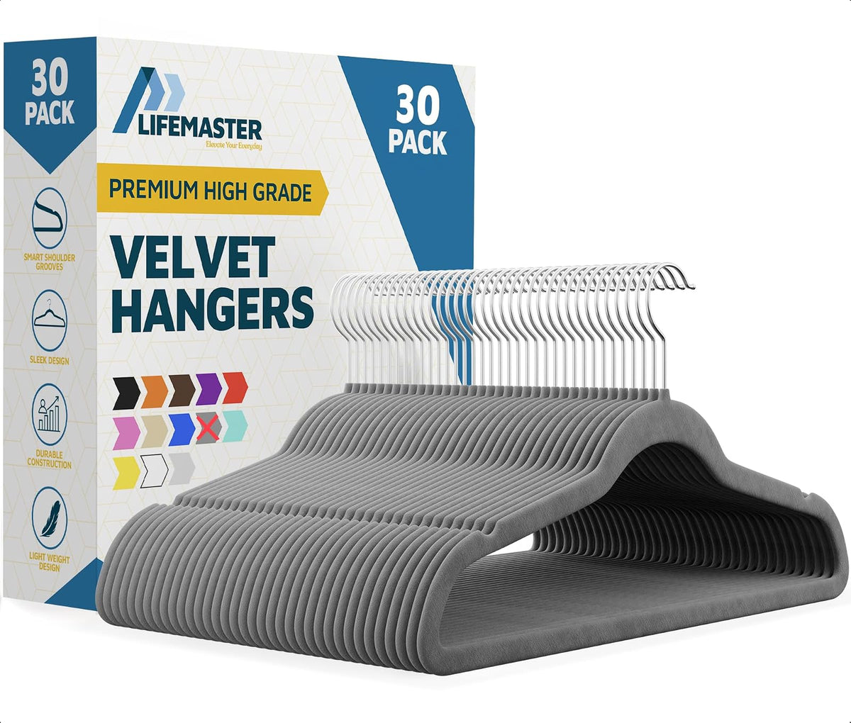 Lifemaster - Juego de 30 Perchas Antideslizantes de Terciopelo con Gancho Giratorio de 360°, Ahorro de Espacio, diseño Elegante, Mantiene el clóset organizado, Acabado de Terciopelo Suave - Paquete de 30 - Gris